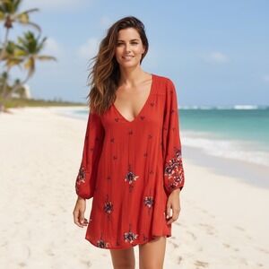 Free People Embroidered Red Boho Mini Dress Cutout Back Size L with pockets